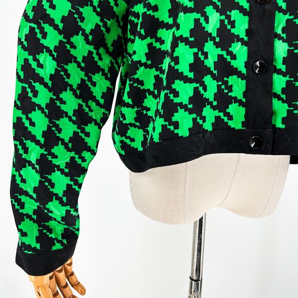 90s Jaymee Papell Black Green Satin Houndstooth Jacket Blazer - Picture 3 of 6